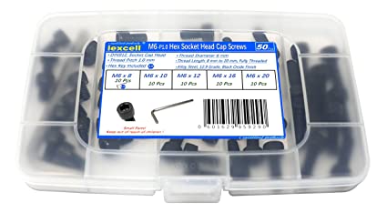 iExcell 50 Pcs M6 x 8/10/12/16/20 Alloy Steel 12.9 Grade Hex Socket Head Cap Screws Bolts Assortment Kit, Black Oxide Finish