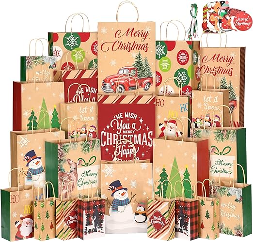 MOORAY 24 Pack Christmas Gift Bags Assorted Sizes Bulk Set, Christmas Bags for Gifts with Xmas Gift Tags Holiday Gift Bags Party Favor (6 Jumbo,6 Large,6 Medium,6 Small)