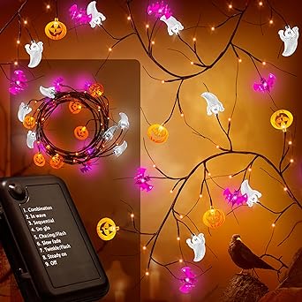 Halloween Garland Willow Vine Twig with Light, Orange and Purple Halloween Lights, 6 FT 54 LED Pumpkins & Bats & Ghost Lights with Timer Outdoor Battery Operated Waterproof Halloween Decorations