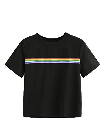 Romwe Women's Summer Rainbow Color Block Striped Crop Top School Girl Teen Tshirts