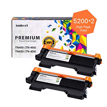 Toner Cartridge for Brother TN450 TN420 Amicool High Yield Replacement Black Toner, Page Yield up to 5200 Per Unite (2 Packs)
