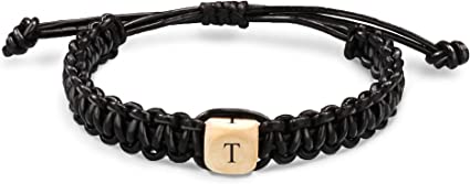 Btysun Leather Bracelet for Men Initial A-Z Bracelets for Boy Dad Brother Valentine's Day Gifts for Him Boyfriend Husband Adjustable Jewelry