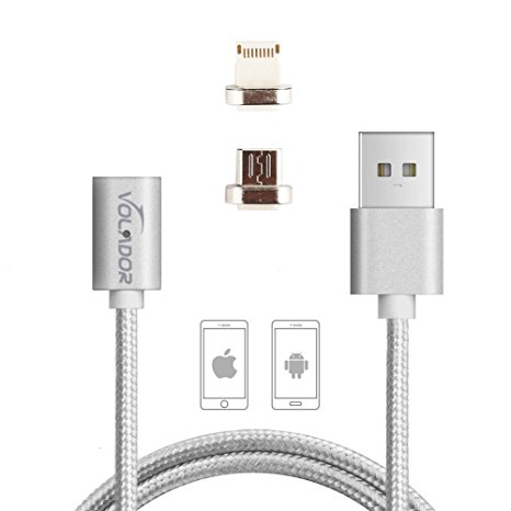 2 in 1 Magnetic USB Cable, VOLADOR 3.3ft Lighting and Micro USB Braided Charging Sync Cord for Android and Apple Devices (Silver)