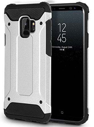 Galaxy S9 Case, Caka Galaxy S9 Heavy Duty Protection Case Shock Reduction Hybrid Soft Inner TPU Hard PC Back Cover Military Grade Armor Protective Case for Samsung Galaxy S9 - (Silver)