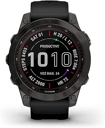 Garmin Fenix 7 Sapphire Solar, Adventure smartwatch, with Solar Charging Capabilities, Rugged Outdoor Watch with GPS, Touchscreen, Wellness Features, Carbon Gray DLC Titanium with Black Band
