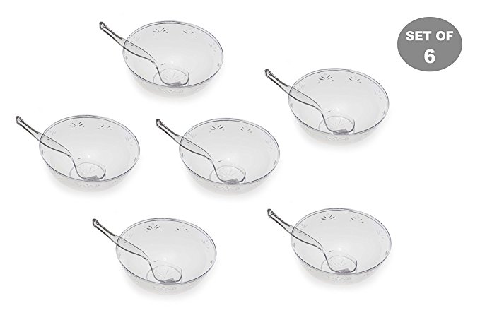 Clear Plastic Serving Bowl set, 6, 64 OZ Disposable Serving Bowls With 6 Hard Plastic Serving Spoons - Perfect for Salads and Wedding Parties by Upper Midland Products