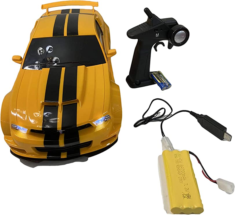 XQ TOYS 1/10 1:10 Scale Ford Mustang RTR RC Car R/C Vehicle, Front Light Headlight Tail Light Brake Light Rechargeable RTR Remote Control RC Car(Yellow)