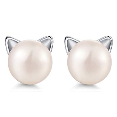 cute cat stud earrings - 925 Sterling Silver Freshwater Cultured Cat Pearl Stud Earrings, Classic Fashion Cat Stud Earrings, Sweet Cat Stud Earrings for Women, Girls
