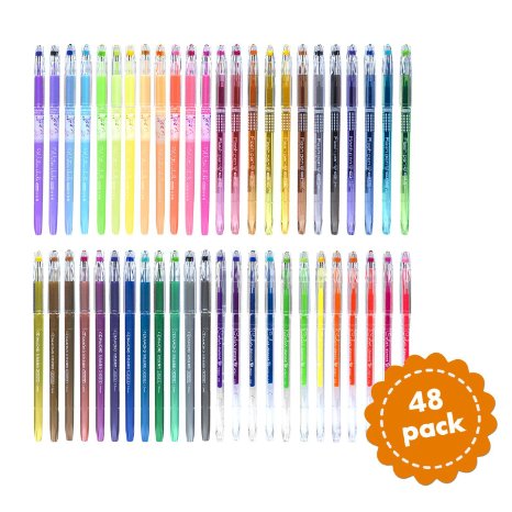 Set Of 48 Gel Pens- Designed For Adult Colouring: Intricate Detail Nib, Guaranteed Never To Bleed Or Pool. New Long-Lasting Ink Technology, 4 Bold Styles: Metallic, Glitter, Neon, WaterChalk.