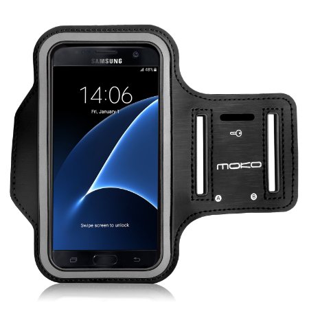 Galaxy S7 Armband, MoKo Premium Sports Exercise Armband for Running, Workouts or Any Fitness Activity, Key Holder & Card Slot, Sweat-proof, BLACK (Compatible with Cellphones up to 5.2 Inch)