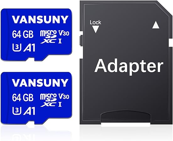 Vansuny 64GB Micro SD Card, 2 Pack MicroSDXC Memory Card with A1 Class10 U3 V30 Full HD Video Recording TF Card (2 Micro SD Cards   1 SD Adapter)