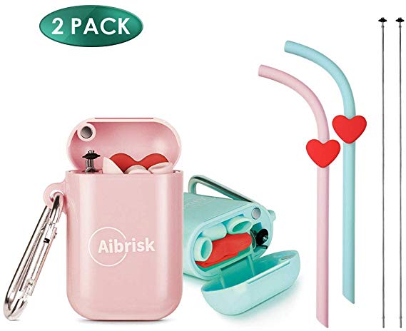 Aibrisk Silicone Collapsible Straw 2 Pack, Reusable Straw Portable Eco Straws Folding Drinking Straw with Hard Case Cleaning Brush and Keychain Perfect for Travel, Office, Home or Gift-Pink&Cyan