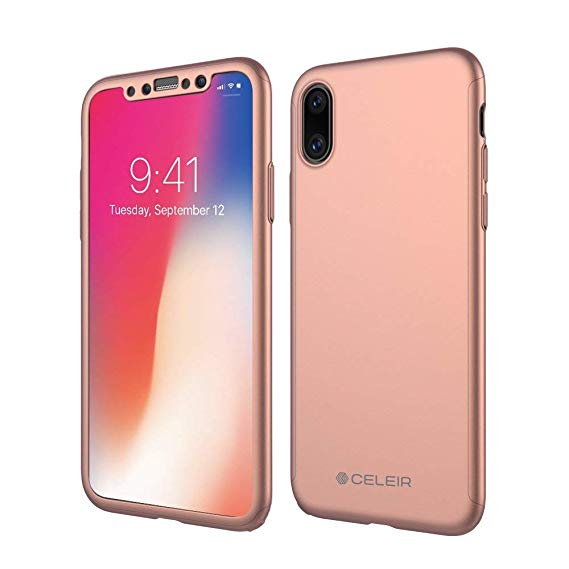 iPhone X Case, Ultra Slim 360 Degree Full Protection iPhone X case from Celeir with Free Tempered Glass Screen Protector, Fasion iPhone X case for 2018 (Rose Gold)