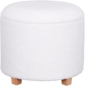 La Maison Large Boucle Ottoman Storage Living Room Hallway Seat Bench Stool Teddy Removable Lid Stylish Practical Footstool Pouffe Wooden Legs (White, Round Stool)