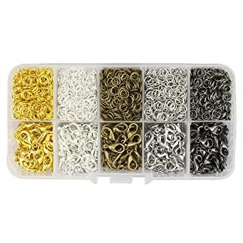 LolliBeads (TM) 12 mm Lobster Claw Clasps 250 pcs and 5 mm Open Jump Rings 2500 pcs for Jewelry Making Value Pack, Gold, Silver, Bronze,Platinum and Black