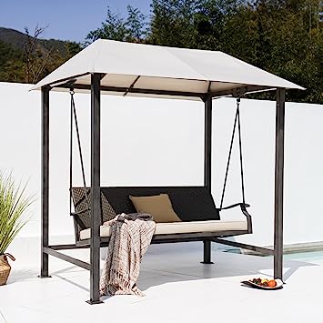 Grand Patio Outdoor Porch Swing 3-Seat with Canopy and Removable Cushion for Garden, Backyard, Poolside, Weather Resistant Powder Coated Steel, Beige