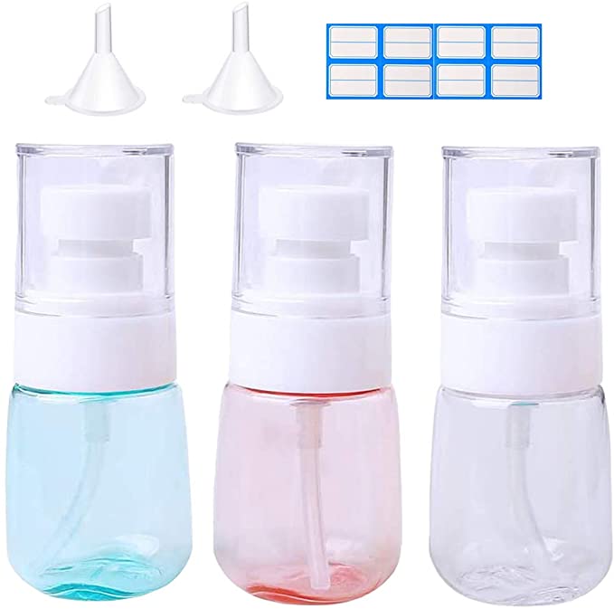 3pcs Travel Spray Bottle Fine Mist Refillable Travel Containers Empty Plastic Makeup Water Bottles 30ml for Cosmetic Perfumes Skincare Alcohol Plants Pets Cleaning(3Color 2Funnels)