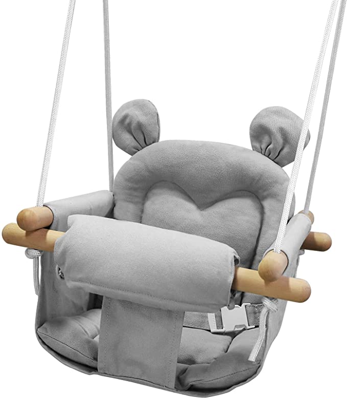 GFU Canvas Baby Swing Outdoor and Indoor, Wooden Hanging Swing Seat for Toddler Boys Girls, Infant Hammock Swing Chair for Tree and Backyard Outside, Gray