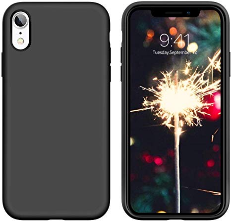 iPhone XR Case Silicone, DUEDUE Liquid Silicone Soft Gel Rubber Slim Fit Cover with Microfiber Cloth Lining Cushion Shockproof Full Body Protective Anti Scratch Case for iPhone XR 6.1 inch for Women Men,Black