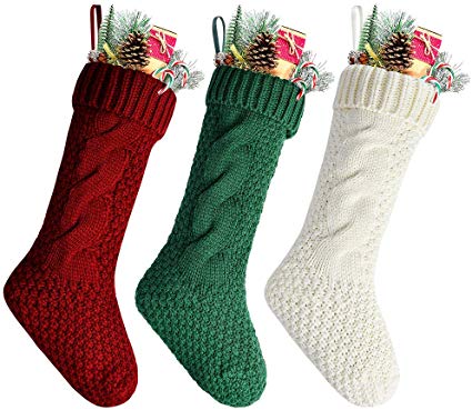 Kunyida 18" Unique Burgundy and Ivory and Green Knitted Christmas Stockings,3 Pack