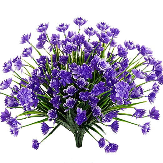 TEMCHY Artificial Daffodils Fake Large Flowers, 4 Bundles Purple UV Resistant Faux Greenery Foliage Plants Shrubs for Garden, Wedding, Outside Hanging Planter, Farmhouse Indoor Outdoor Decor