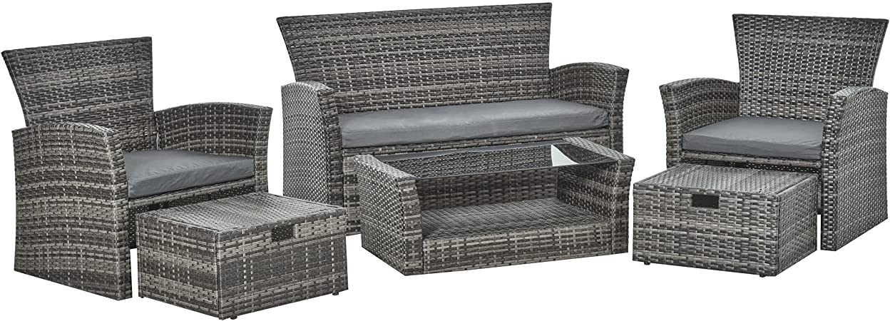 Outsunny 6 PCS Outdoor Patio Furniture Sets All Weather PE Rattan Chair Set Indoor Outdoor Backyard Garden Coffee Table w/Two Ottoman & Cushions Grey