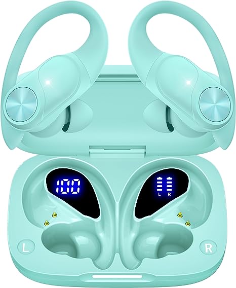 Bluetooth Headphones Wireless Earbuds 80hrs Playtime Wireless Charging Case Digital Display Sport Ear buds with Earhook Premium Deep Bass IPX7 Waterproof Over-Ear Earphones for Phone Laptop Mint Green