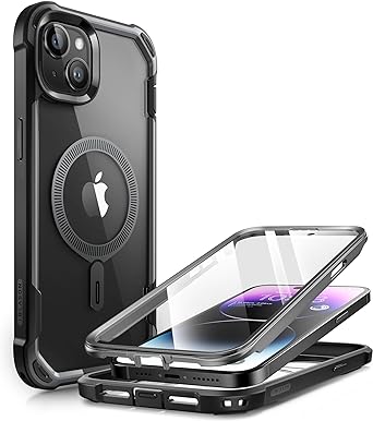 i-Blason Ares Mag for iPhone 15 Case/iPhone 14 Case/iPhone 13 Case [6.1 inch], [MagSafe Compatible] Full-Body Shockproof Rugged Clear Bumper Case with Built-in Screen Protector (Black)