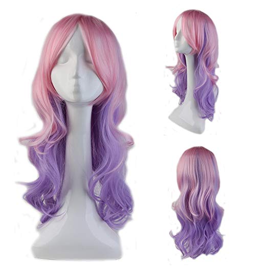 Anime Costume Wig Pink Ombre Purple Full Wig with Bangs Long Heat Resistant Fiber Synthetic Cosplay Wig Dyeing Color Layered Curly Wavy 23'' /58cm Elastic Wig Net (Pink Purple Mix)