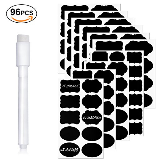 Chalkboard Labels Bundle - 96 Premium Reusable Chalkboard Stickers with 3MM White Chalk Marker for Labeling Mason Jars, Pantry, Craft Rooms & Closets - Organize Your Home & Office