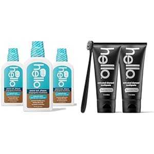 Hello Peace Out Plaque, Antigingivitis Alcohol Free Mouthwash, Natural Mint with Aloe Vera & Activated Charcoal Epic Teeth Whitening Fluoride Free Toothpaste and Toothbrush