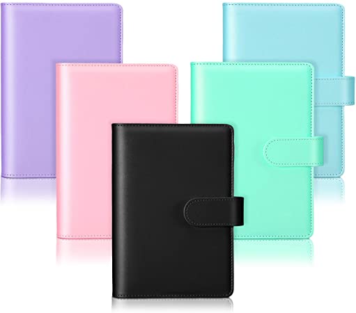 5 Pieces A6 PU Leather Notebook Binder Refillable 6 Rings Binder Cover Loose Leaf Personal Planner with Magnetic Buckle Closure (Blue, Purple, Black, Green, Pink)