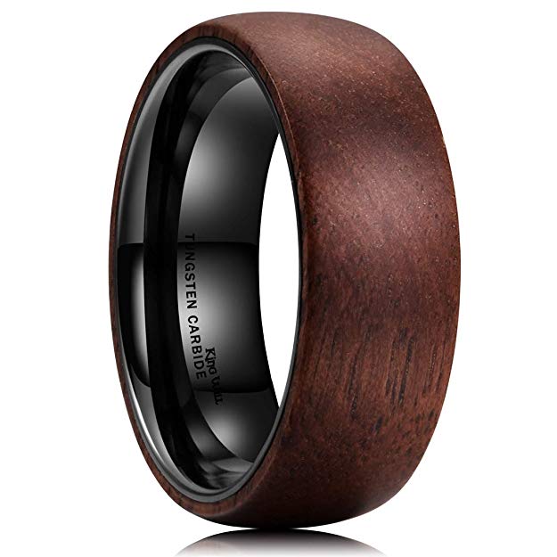 King Will 8mm Tungsten Carbide Ring Dome Inner Hole Plated Black Inlaid with Wood Comfort Fit