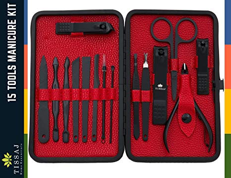 Manicure Pedicure Grooming Professional Toolkit - High Quality Black Tools 15 in 1 Set For Nail, Face, Hands & Feet - Compact Handy Essential Kit in Premium Carry Case for Home, Travel, Salon