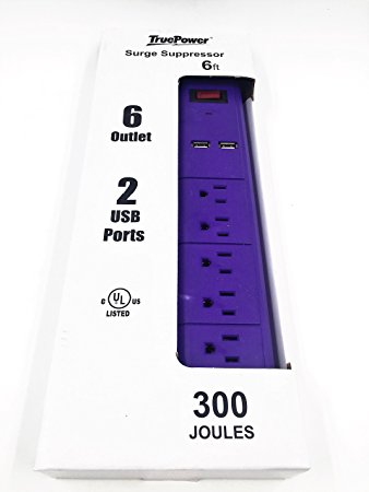 TruePower 6 Outlet Surge Protector w/Dual USB Ports & 6' Cord -Purple