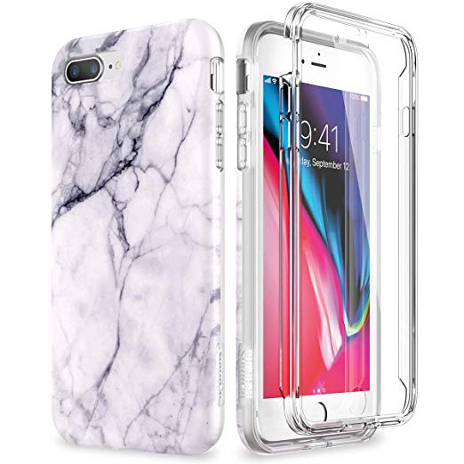 SURITCH Marble iPhone 8 Plus Case/iPhone 7 Plus Case, [Built-in Screen Protector] Full-Body Protection Hard PC Bumper   Glossy Soft TPU Rubber Shockproof Cover for iPhone 7 Plus/8 Plus- Gray/White