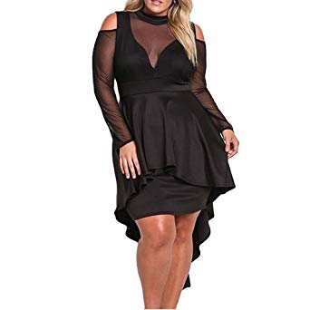 Lrady Women's Sexy Sheer Mesh Evening Gowns Plus Size Peplum High-Low Bodycon Party Dress