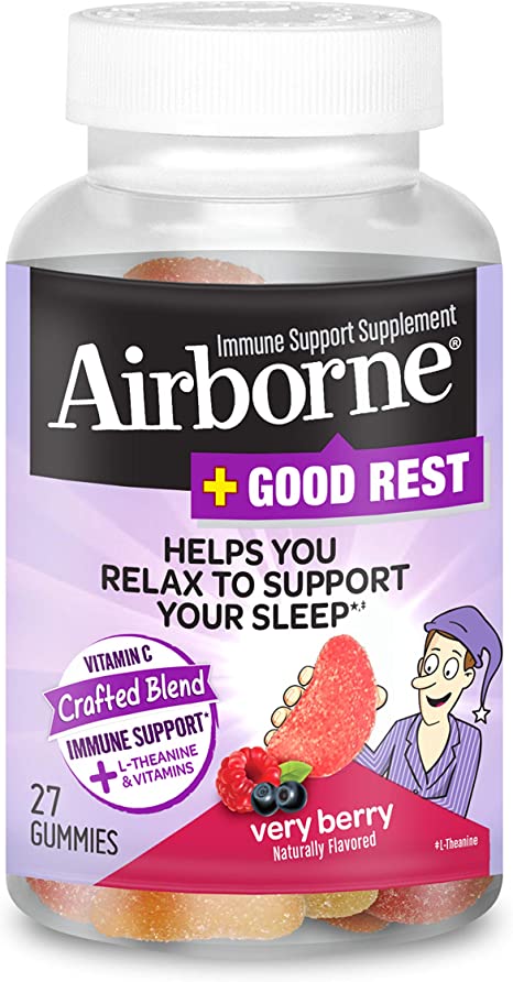 Airborne Vitamin C Blend   L-theanine & Vitamins Good Rest Very Berry Gummies, Airborne (27 Count in Bottle), Very Berry, 27 Count