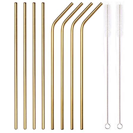 YIHONG Set of 8 Stainless Steel Metal Straws Ultra Long 10.5 Inch Reusable Straws For Tumblers Rumblers Cold Beverage Gold (4 Straight|4 Bent|2 Brushes)