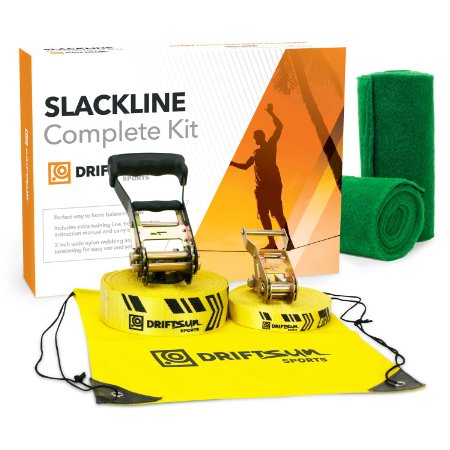 Driftsun Sports Slackline Complete Kit - 50FT Classic Slacklining Line with Training Line and Tree Guards