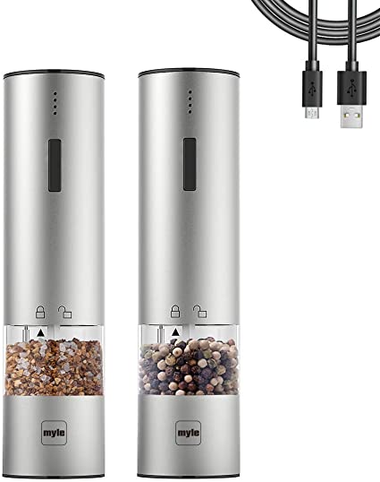 MSD Electric Salt and Pepper Grinder Rechargeable Stainless Steel Pepper Mill with LED Light, USB Powered One Handed Push Button Peppercorn Grinders and Sea Salt Mills (2, Silver)