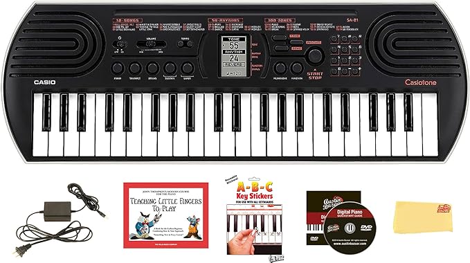 Casio SA-81 44-Key Mini Keyboard Bundle with Power Supply, Key Stickers, Instructional Book, Austin Bazaar Instructional DVD and Polishing Cloth