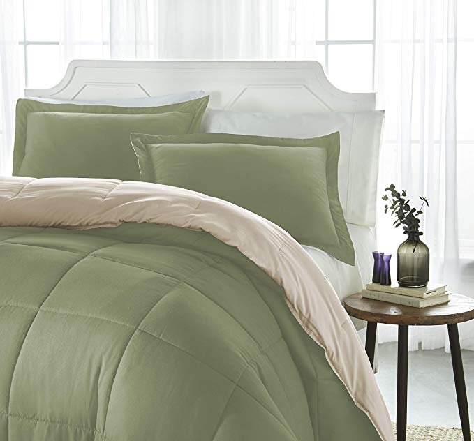 iEnjoy Home Collection Down Alternative Reversible Comforter Set -Queen -Sage/Ivory