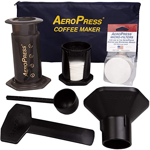 AeroPress Coffee and Espresso Maker with zippered nylon tote bag and an Extra 350 Micro Filters (700 Total)