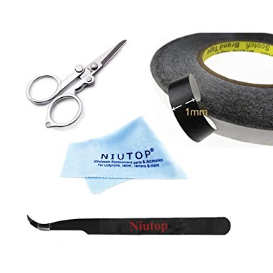 NIUTOP Adhesive Sticker Double Sided Tape Sticky Glue Tape 1mm Wide 50M long with Tool Set Kits Tweezers Cleaning Clotch Scissors for iPhone 6 iPhone 6 plus iPhone 5 5S 5C 4S 4 iPad Air iPad Mini iMac Macbook Samsung Galaxy S5 S4 S3 S2 i9300 i9500 Note 3 Note 2 HTC One M7 M8 Moto X Google Nexus 4 5 6 7 9 10 LG Optimus G2 G3 SAMSUNG GALAXY Tab ASUS DELL Huawei Xiaomi Lenovo HP Acer Sony Nokia Blu blackberry Android Tablet Pc Laptop Computer Smartphones GPS Gopro Hero Camera PSP NDS LCD Display Touch screen Digitizer Glass housing cover Repair Fix   1 pair of Tweezers 1 Cleaning Clotch and 1 pair of Special Scissors for Free (1mm Black)