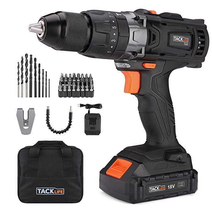 Tacklife 18V(20V MAX) Lithium-Ion 1/2" Cordless Drill/Driver Set (2.0Ah), 16 Position Clutch with Drill / Hammer / Screwdriver Function, 2-Speed Max Torque 310 In-lbs, 1 Hour Fast Charger, PCD04B