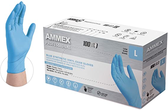 AMMEX Synthetic Blue Vinyl Exam Gloves, Box of 100, 4 mil, Size Large, Latex Free, Powder Free, Non- Sterile, Smooth, VSBPF46100-BX