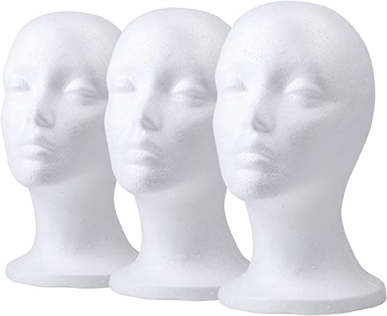 Foraineam 3 Pieces Female Styrofoam Mannequin Head Cosmetics Model Head Wig Display Foam Mannequin Glasses Hat Hairpieces Stand
