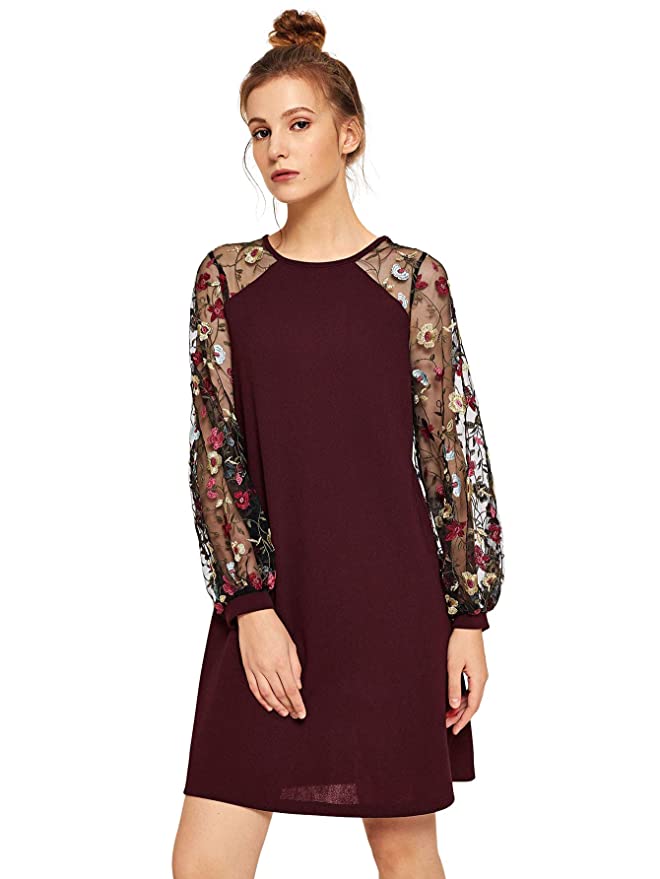 DIDK Women's Tunic Dress with Embroidered Floral Mesh Bishop Sleeve