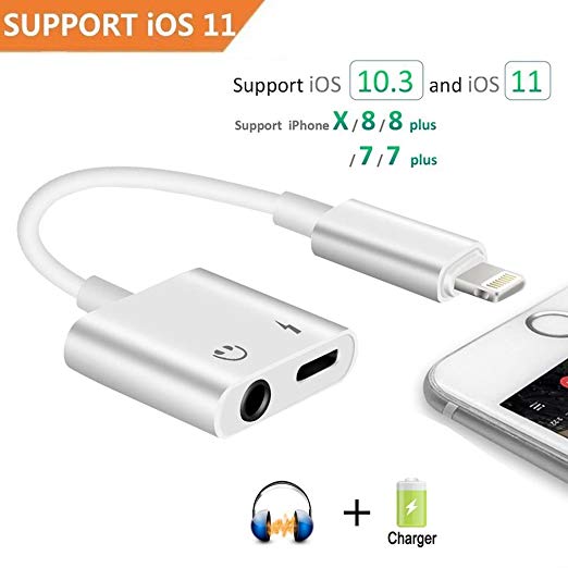 Lightning to 3.5mm Headphone Audio adapter for iPhone X/8/7 Plus, 2 in 1 Lightning Adapter and Charger Support 10.3 or Latest iOS 11